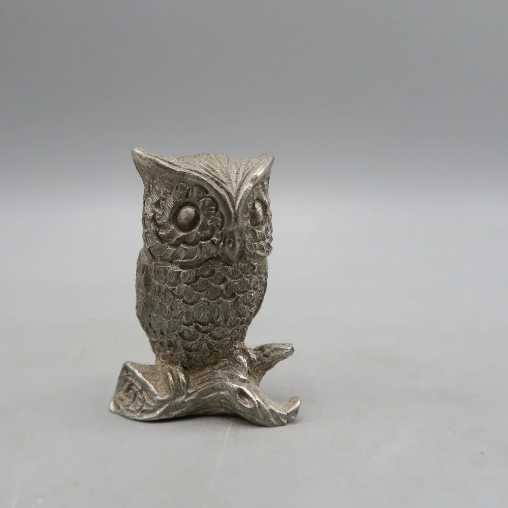 Vintage Pewter Mini Owl On Log Silver Figurine 1.5 inch